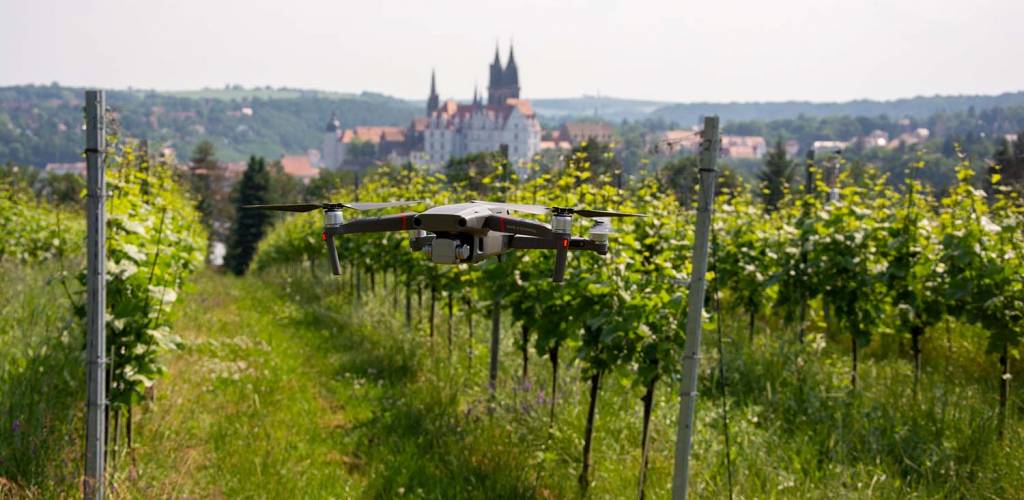 Drohne mit Schloss Proschwitz im Hintergrund